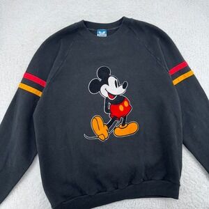 vtg 80s MICKEY MOUSE WALT DISNEY BLACK CREWNECK SWEATSHIRT flocked stripe MEDIUM